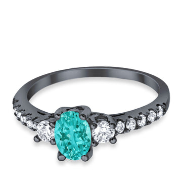 Accent Wedding Ring Oval Black Tone, Simulated Paraiba Tourmaline CZ 925 Sterling Silver